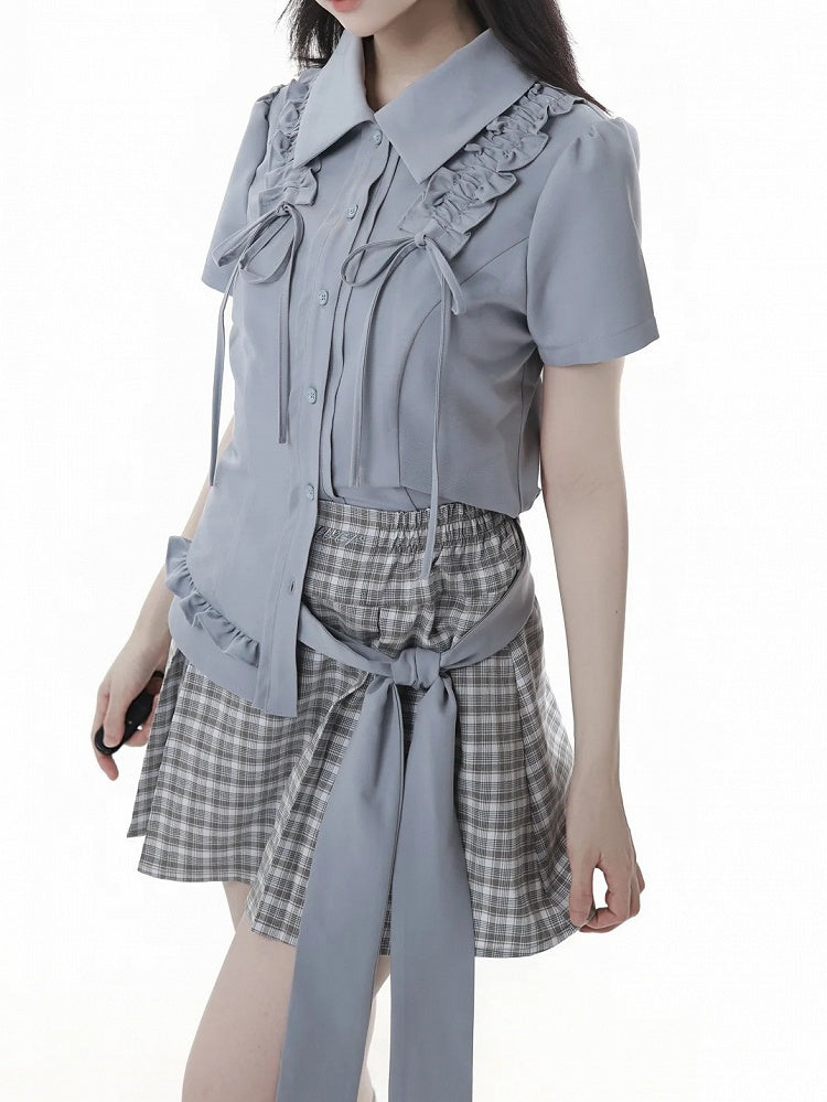Dusty Blue Ruffle Trim Drawstring Details Preppy Style Slim-fitting Shirt