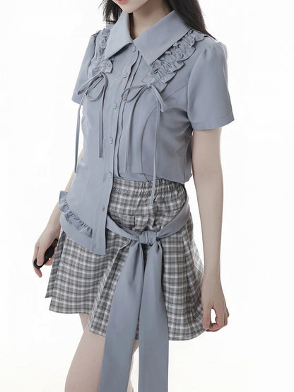 Dusty Blue Ruffle Trim Drawstring Details Preppy Style Slim-fitting Shirt