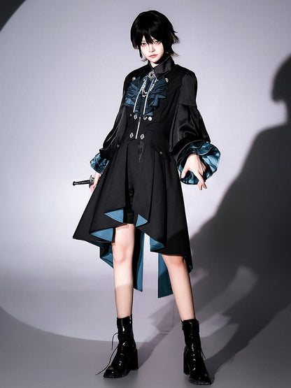 Clearance-Size L for Waist 84CM Black Bat Wings Shape Collar Ouji Lolita Blue Lining Long Waistcoat