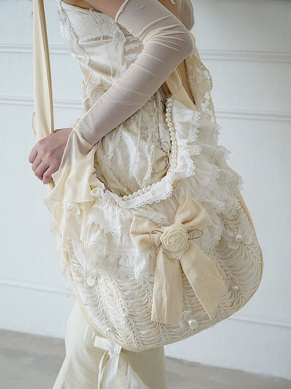 Bead and Butterfly Details Beige Bowknot Canvas Crossbody with Ruffle Trim