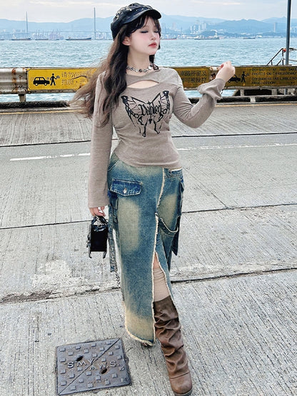 Plus Size Blue High-Slit Frayed Hem Wasteland Punk Denim Skirt Cargo Pockets Design