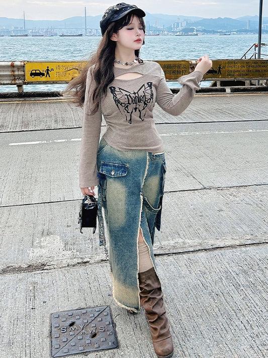 Plus Size Blue High-Slit Frayed Hem Wasteland Punk Denim Skirt Cargo Pockets Design