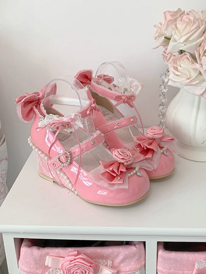 Classic Rose Red Wedge Heels - Interchangeable Rose Decor, Beaded Heart Buckles & Bow Accents