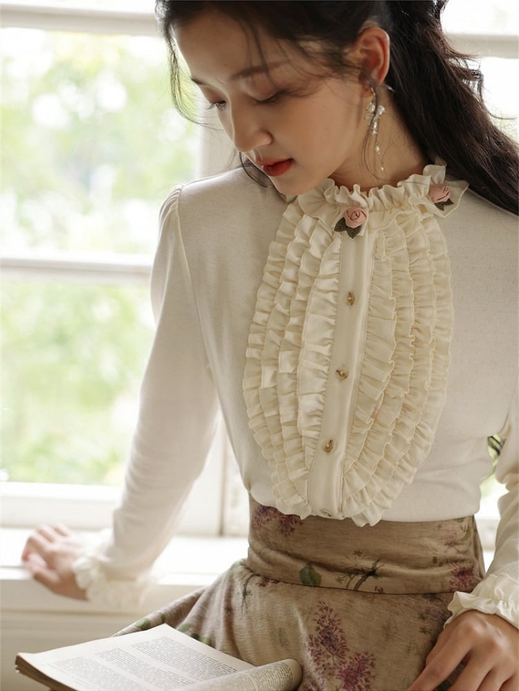 Milk White/Khaki Vintage Floral Ruffled Trim Blouse