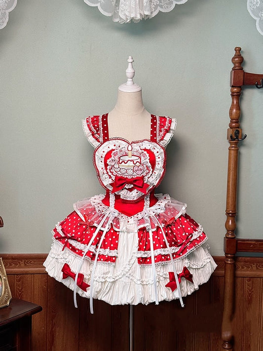White and Red Polka-dot Cake Embroidery Sweet Lolita Overall Dress Big/Small Bubble Skirt