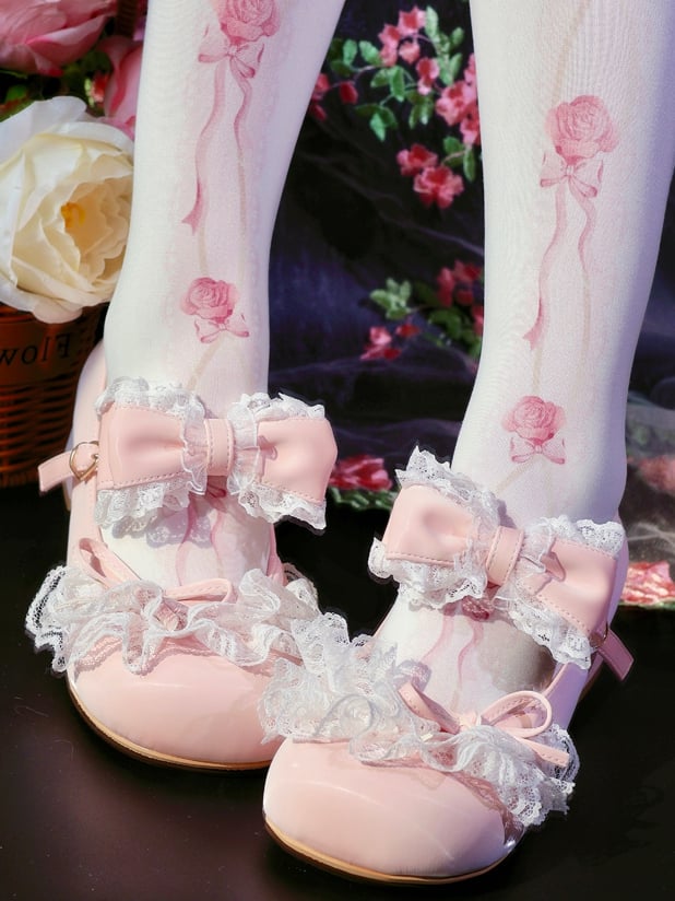 Pink Bowknot Details Lace Trim Round Toe Lolita Shoes