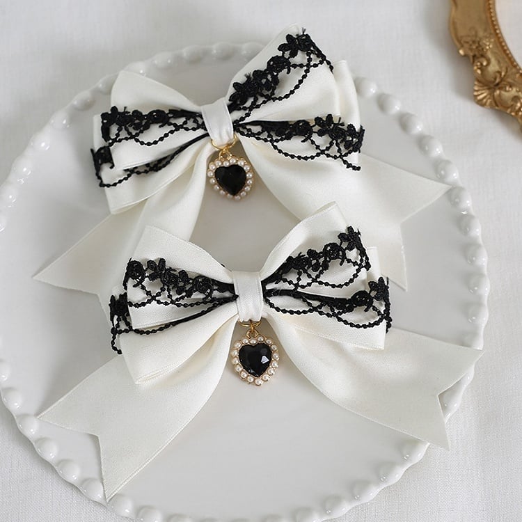 9 Colors A Pair of Bowknot Heart Charm Hairclips with Black Lace Decorations