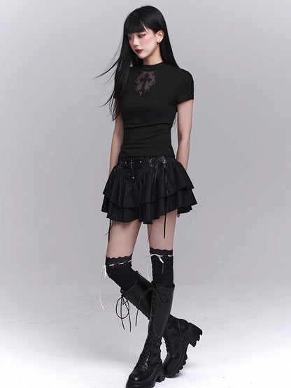 Black Coffin-shaped Cutout Cross Applique T-Shirt