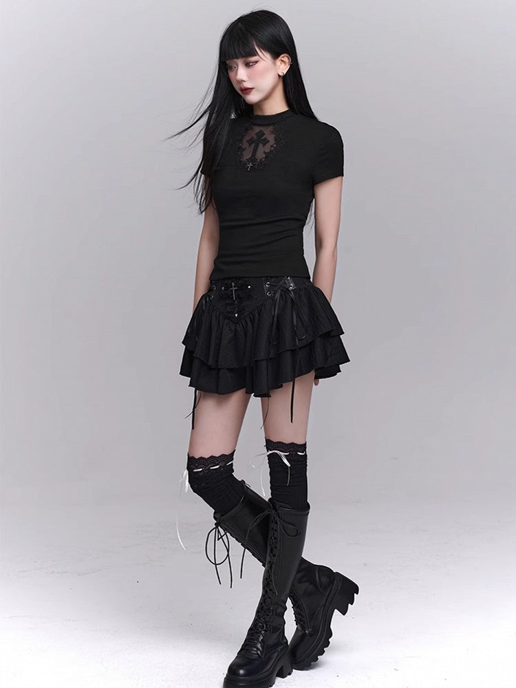 Black Coffin-shaped Cutout Cross Applique T-Shirt