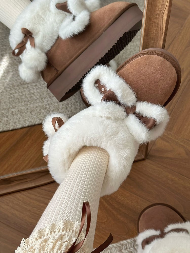 Sweet Lolita Dark Brown Platform Snow Boots - Plush Polka Dot Bunny Ears, Furry Lining & Pompoms Charm Self-Tie Straps