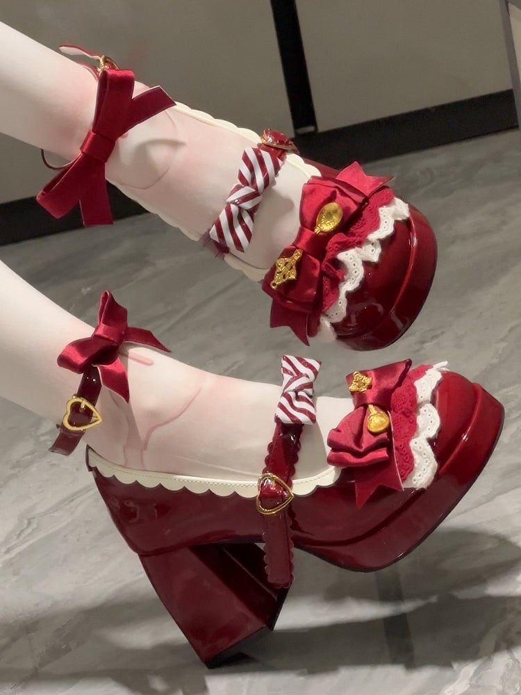 Lace Layers, Bow Accents & Decorative Heart Buckle PU Wine Red 8cm High Heels in Sweet Lolita