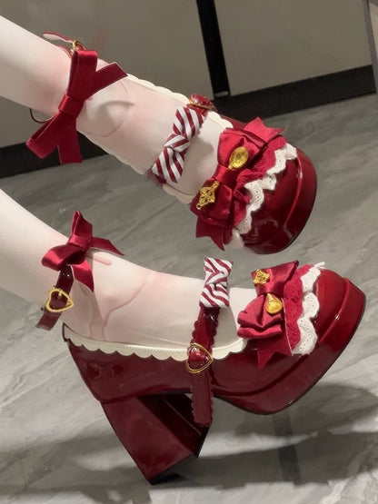 Lace Layers, Bow Accents & Decorative Heart Buckle PU Wine Red 8cm High Heels in Sweet Lolita