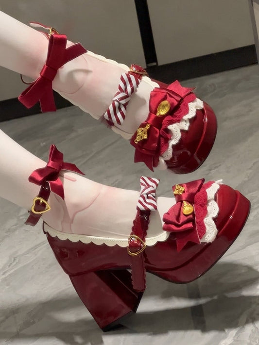 Lace Layers, Bow Accents & Decorative Heart Buckle PU Wine Red 8cm High Heels in Sweet Lolita