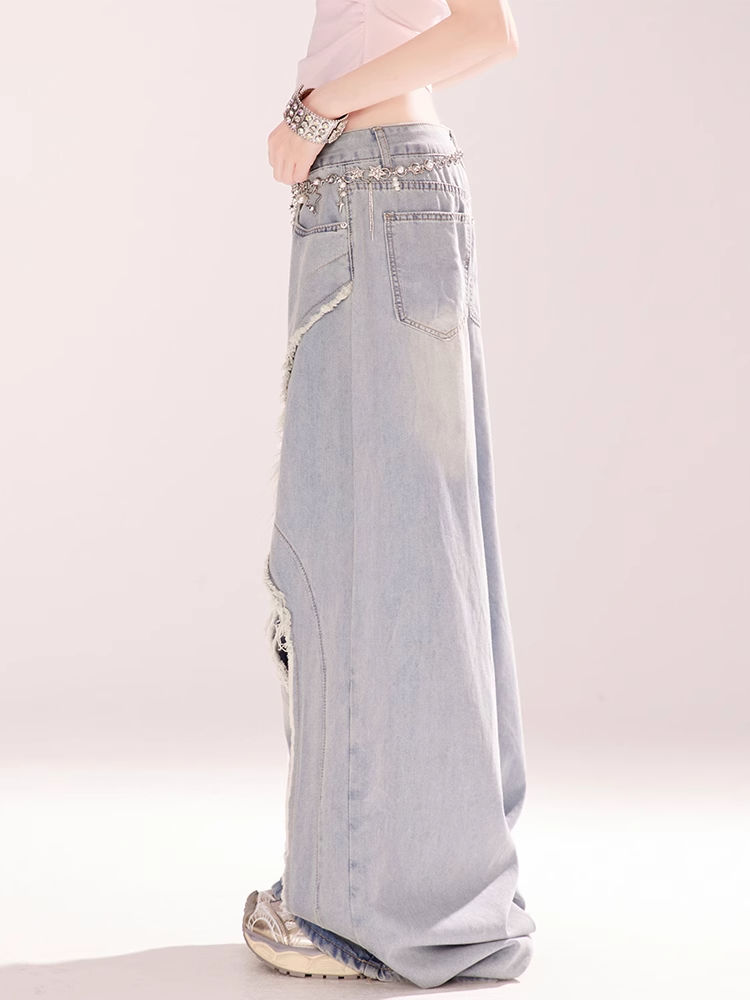 Blue Low Rise Distressed Hole Raw Hem Vintage Wide-leg Jeans