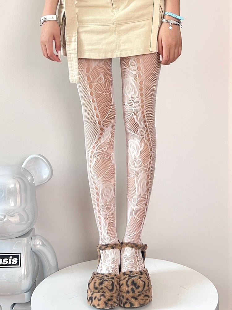 Black/White/Brown Y2K Cut-out Design Floral Pattern Tights