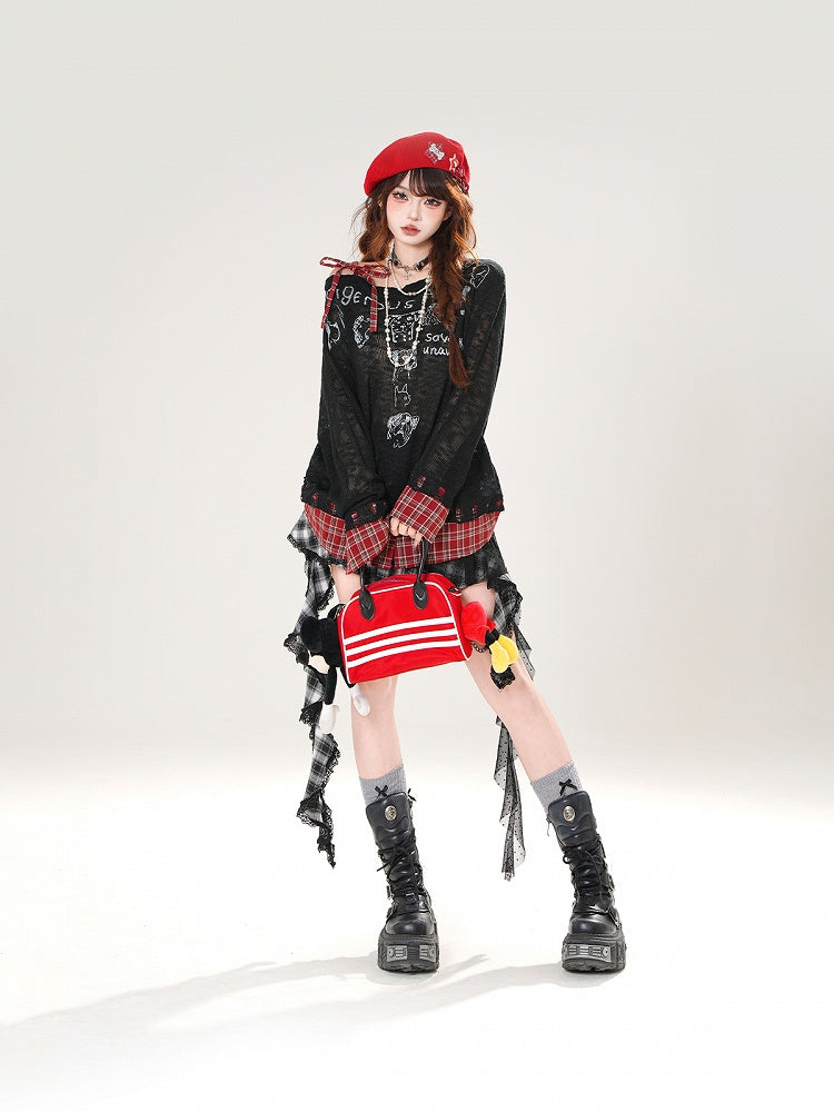 Plaid Hem Asymmetrical Neckline Puppy Print Beige/Black Semi-sheer Coverup