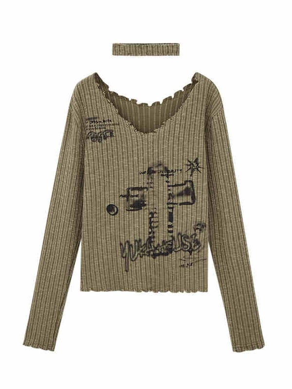 Army Green Punk Cross V-neck Sweater with Choker