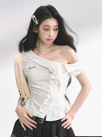 White Asymmetrical Foldover Collar Lace Trim Floral Decoration Short Sleeves Shirt