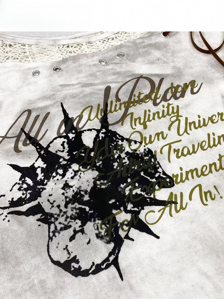 White Wasteland Punk Letter Print Self-tie Strap Tie Dye Design Sweatshirt