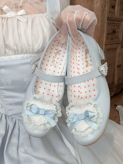 Blue Bow at Top Lace Trim Beaded Heart Buckles Lolita Shoes