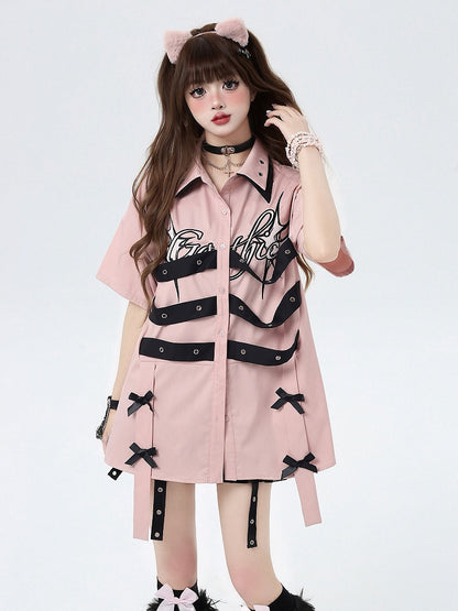 Bowknot Details Pink Cyberpunk Short Sleeves Shirt