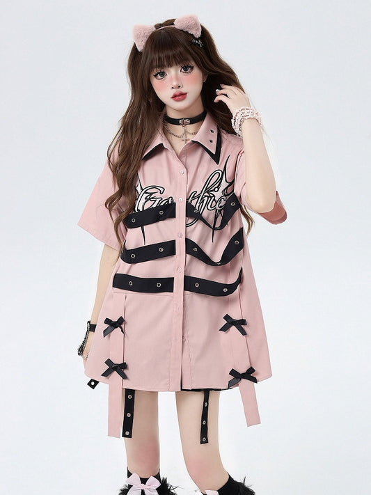 Bowknot Details Pink Cyberpunk Short Sleeves Shirt