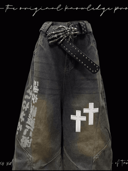 Dark Blue Faded Wash Cross Appliques Distressed Wide-Leg Jeans