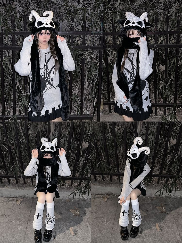 Clearance-Black and White Grim Reaper Scarf Gloves and Hat All-in-one with Horns