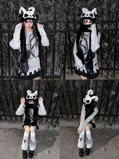 Black and White Grim Reaper Scarf Gloves and Hat All-in-one with Horns