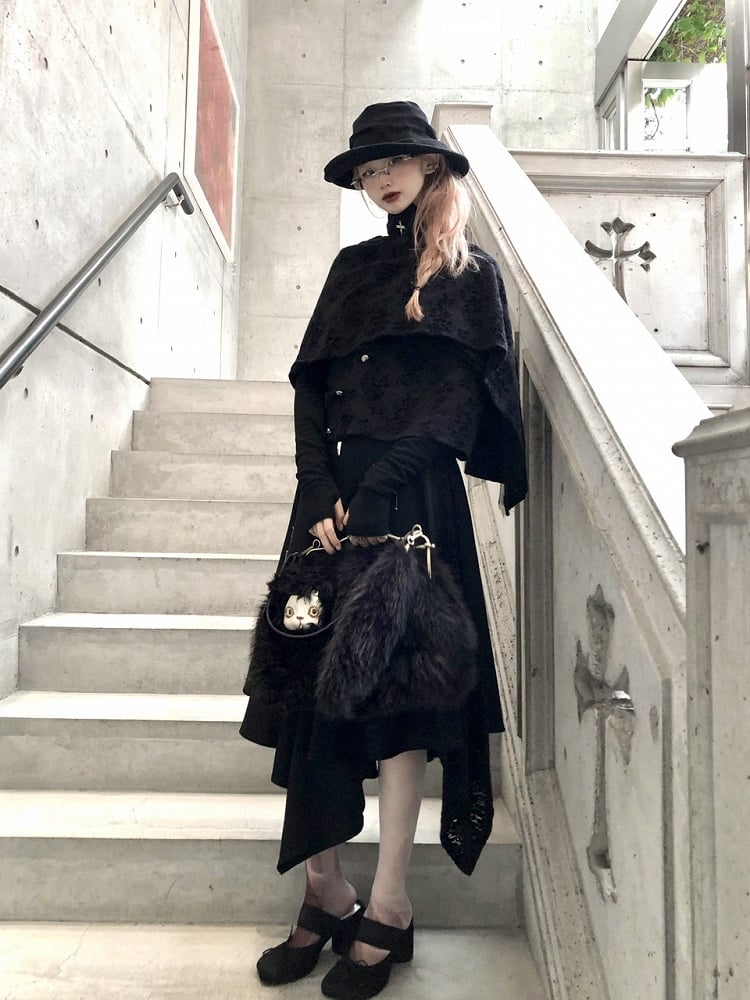 Gothic Asymmetrical Button-Up Top with Detachable Flocked Lace Cape