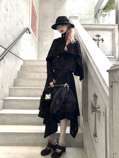 Gothic Asymmetrical Button-Up Top with Detachable Flocked Lace Cape