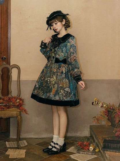 Green & Blue Floral Print Long-Sleeve Elegant Classic Lolita Dress with Black Collar and Cuffs