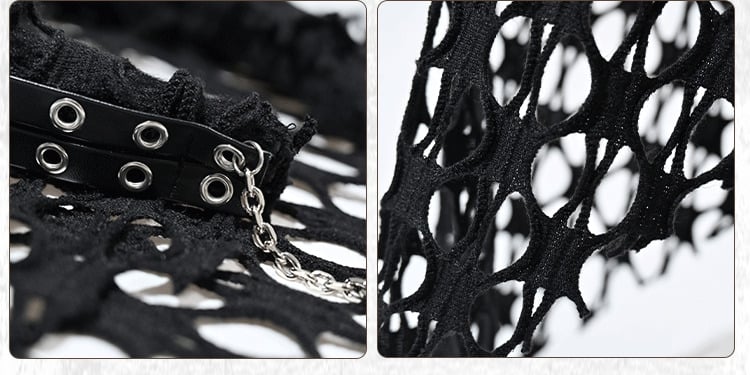 Grunge Punk Rock Black Studs Design Mesh Triangle Scarf KC Cross Charms Chain Detail