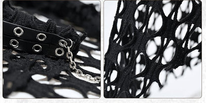 Grunge Punk Rock Black Studs Design Mesh Triangle Scarf KC Cross Charms Chain Detail