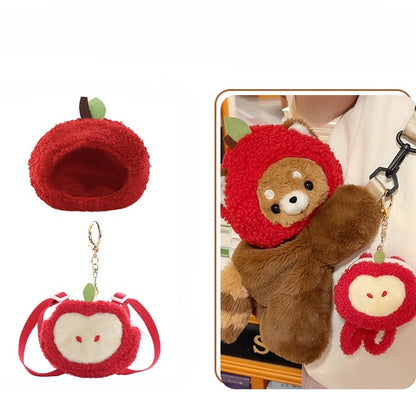 Cute Red Panda Brown 28/40 cm Plush Backpack/Crossbody Bag + Apple Hat + Red Panda/Apple Keychain