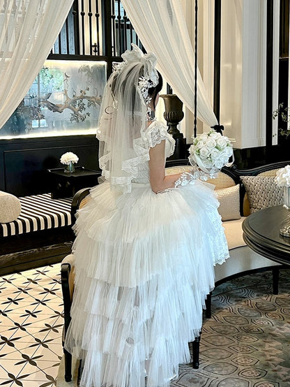 Beads and Rhinestones Neckline Design White Shiro Lolita Dress with Lace Trim and Bow Accents