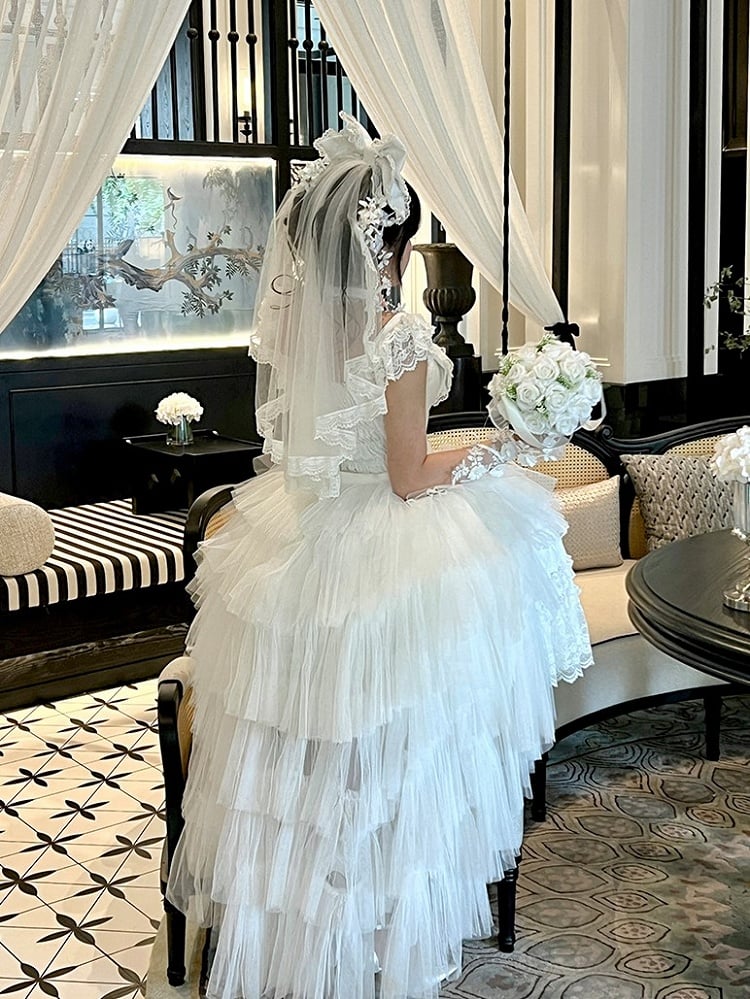 White/Black Tiered Tulle Lolita Train