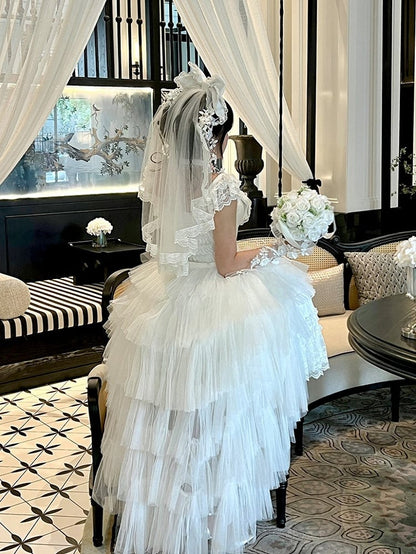 White/Black Tiered Tulle Lolita Train