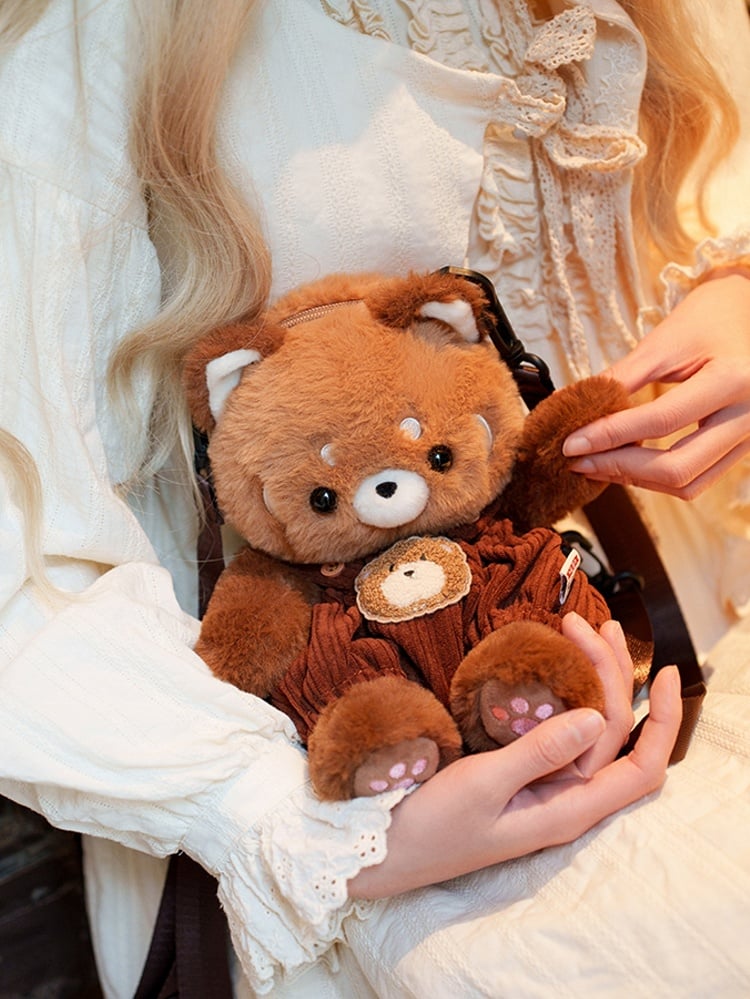 Brown Cute Plush Red Panda Backpack + Overall Pants Middle/Large Size