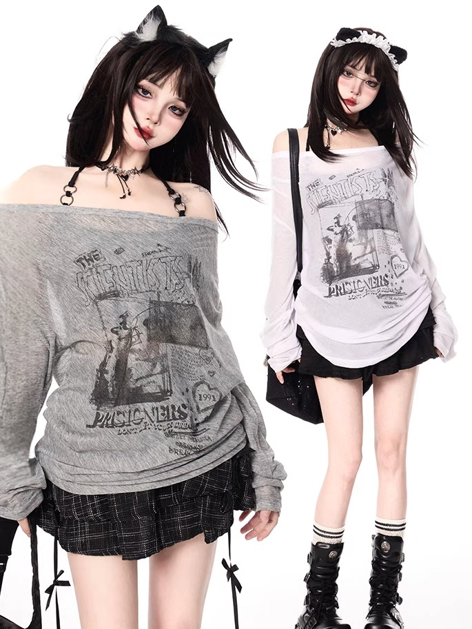 Off-the-shoulder Neckline White/Gray Semi-sheer Graphic Coverup