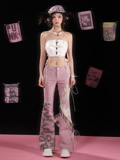 Lace-up Detail Dusty Pink Asymmetrical Flared Pants