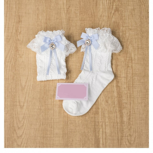 Jirai Kei Blue Bowknot and Heart Rhinestone Decoration Lace Cuffs White Cotton Ankle Socks