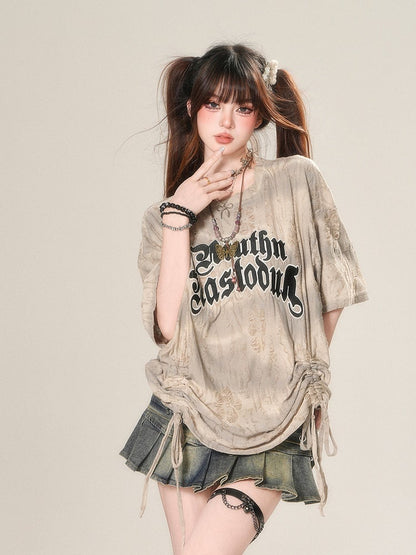 Apricot Letter Print Drawstring Waist Distressed Holes Loose T-Shirt