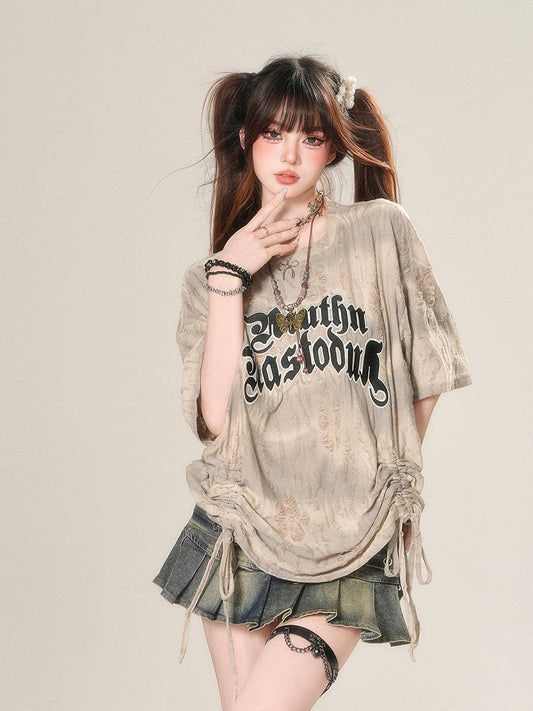 Apricot Letter Print Drawstring Waist Distressed Holes Loose T-Shirt