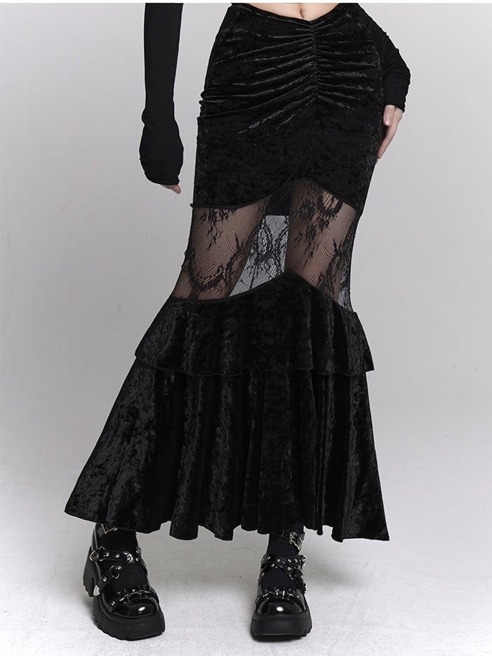 Gothic Black Velvet Contrast Lace Patches Ruched Design Mermaid Skirt