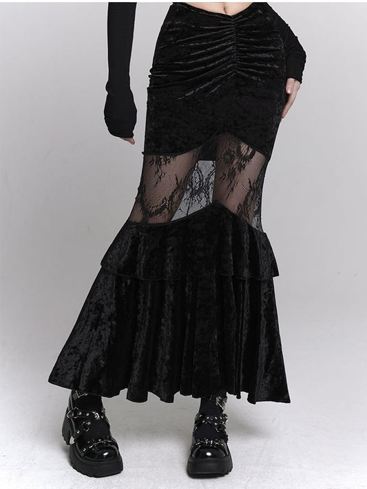 Gothic Black Velvet Contrast Lace Patches Ruched Design Mermaid Skirt