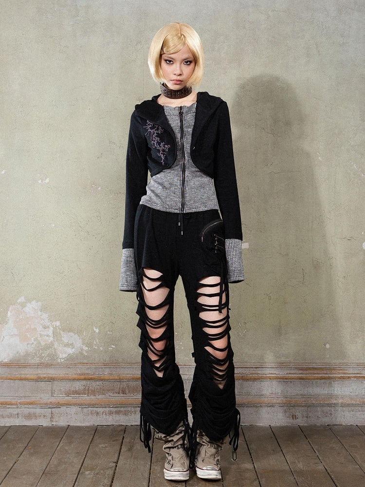 Black Punk Y2K Totem Rhinestone Hoodie Jacket with Gray Knit Hem & Cuffs