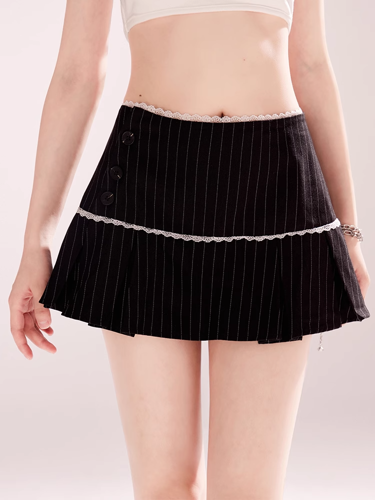 White Lace Trim Box Pleat Black Striped Mini Skirt