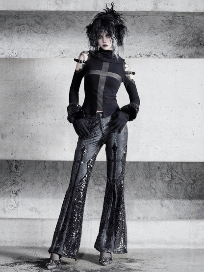 Black Snakeskin Grain Fabric Low Waist Goth Fishtail Pants