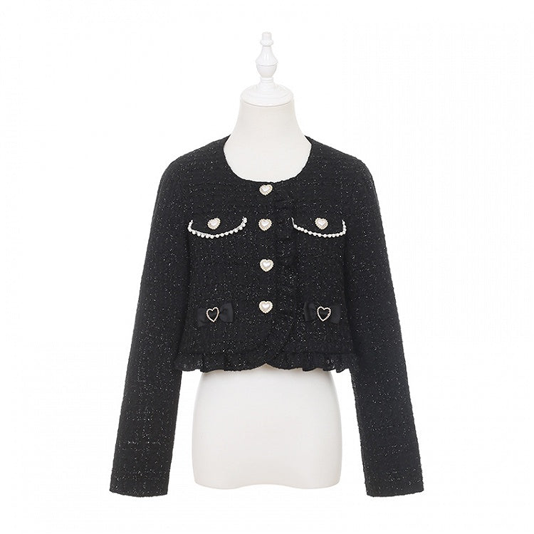 Jirai Kei Black Tweed Crop Jacket with Heart Buttons and Bow Accents